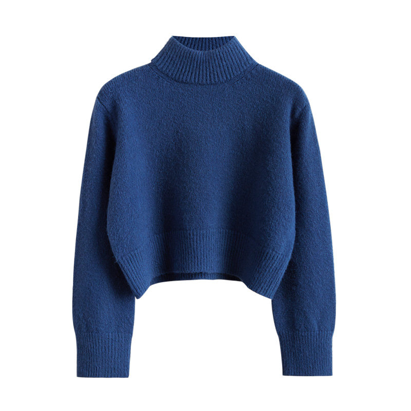 > > 高腰短款毛衣女2020秋冬装韩版半高领宽松加厚套头软奶蓝色羊绒衫
