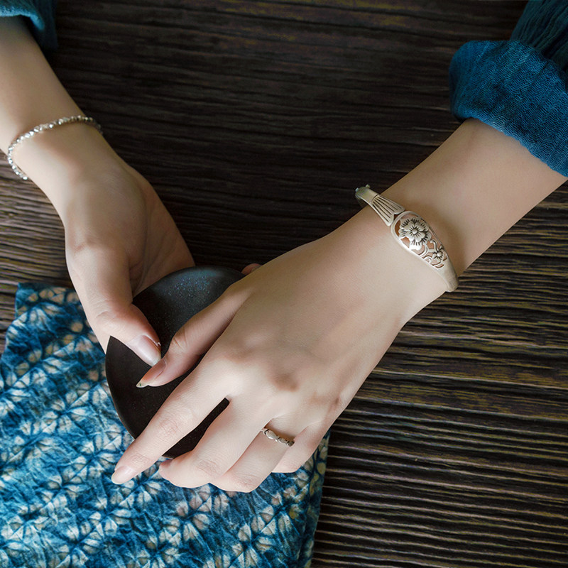 原创泰国清迈手工镯子纯银手镯复古文艺银饰品手镯