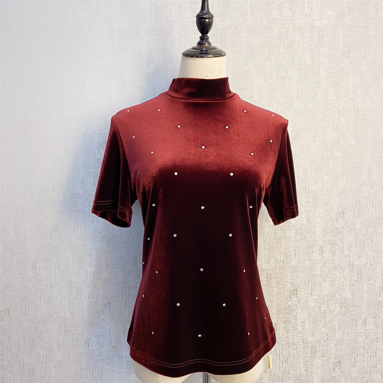 秀巧正品8328半高高领丝绒镶钻满天星中袖四面t恤