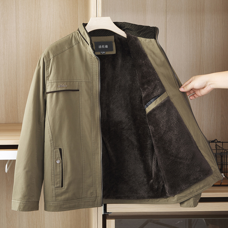 立领中老年加绒夹克爸爸冬季加厚外套老人休闲男装上衣爷爷秋冬装