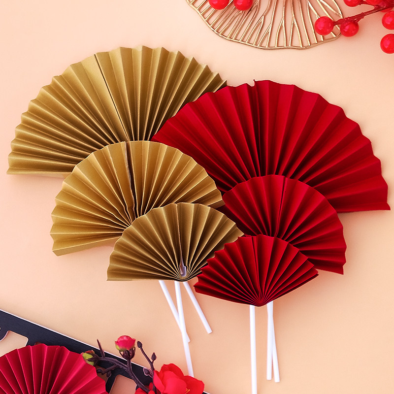 红色折扇烘焙蛋糕装饰烫金扇子福寿字插老人节日装扮用品