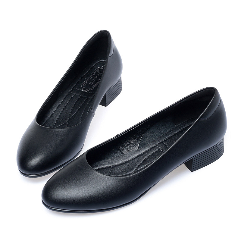 圆头工作鞋女黑色平底皮鞋舒适软底工装银行酒店职业上班四季单鞋