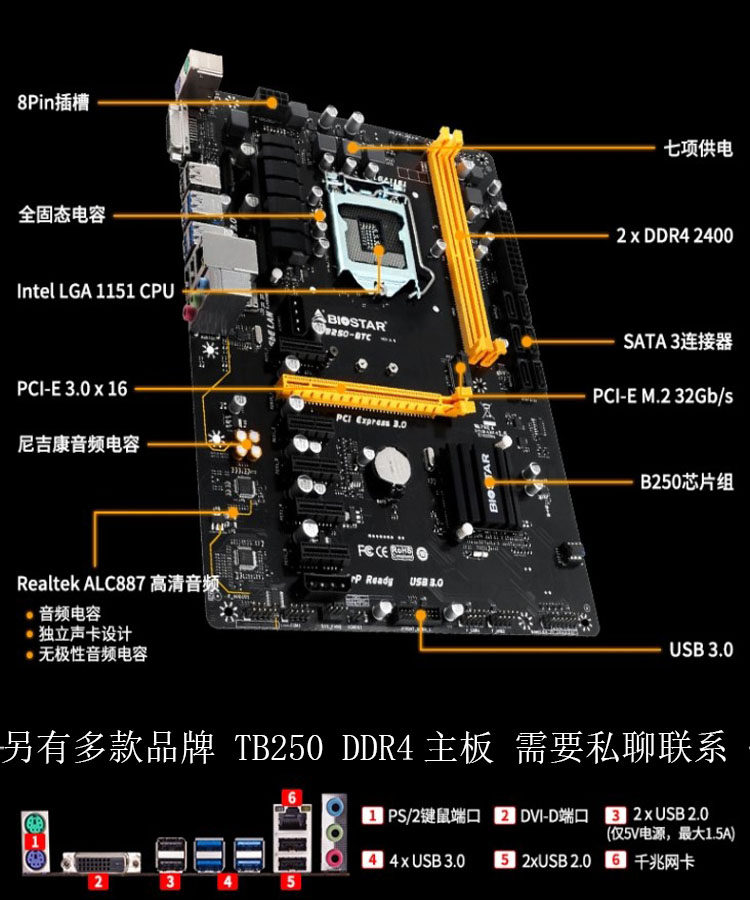 biostar/映泰b250btc 1151主板支持6789代ddr4内存 9100f 9400f