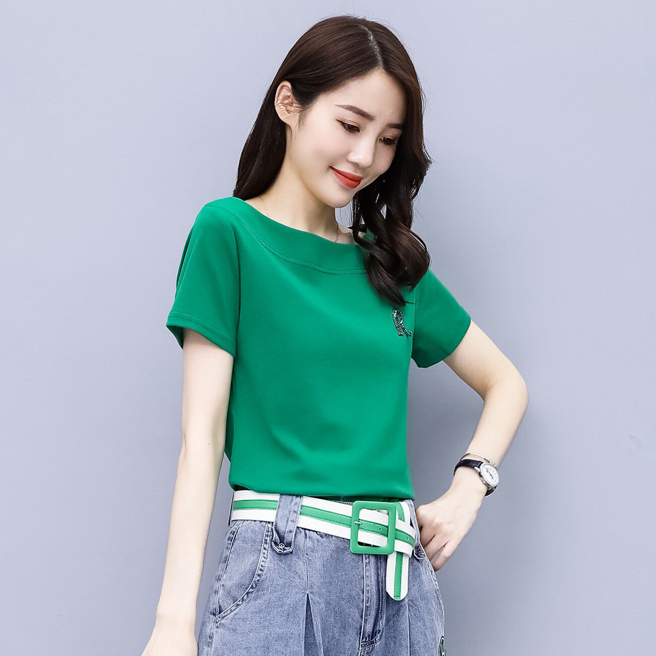 2021夏季短款新款女韩版复古一字露肩修身显瘦t恤