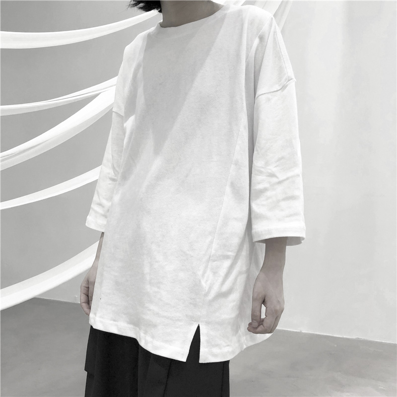 大皂制车间夏季宽松设计感小众七分袖纯色短袖T恤男女白色体恤潮