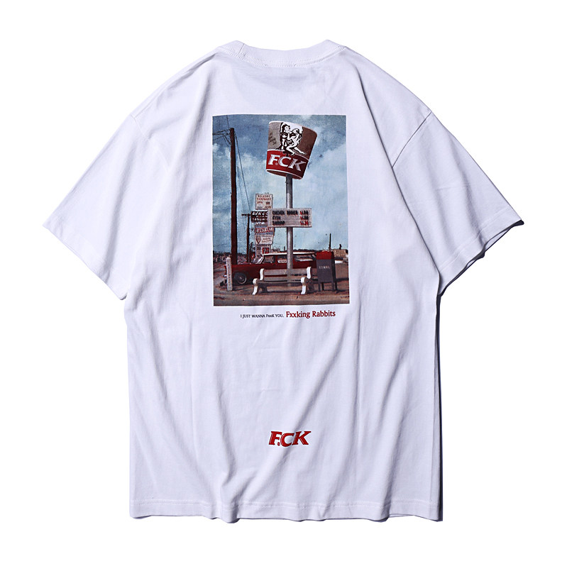 潮物woo fr2 fck back print t-shirt 肯德基恶搞印花logo短袖t恤
