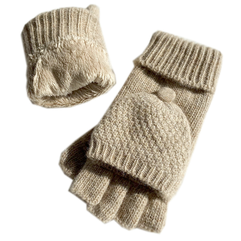 冬季纯羊毛双层加绒保暖翻盖半指手套男女情侣露指玩手机学生上网