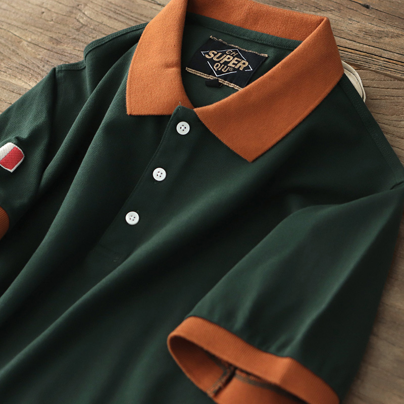 夏季翻领t恤男潮流休闲体恤墨绿色青年纯棉撞色复古短袖polo衫男
