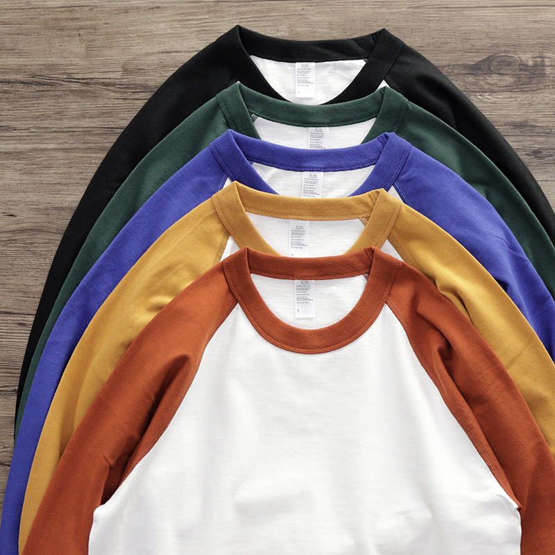 260G插肩袖拼色体恤重磅阿美咔叽美式复古打底衫休闲长袖T恤男女