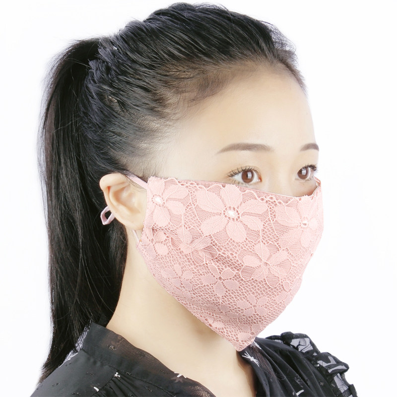 易呼吸女春秋冬纯棉加大褶皱蕾丝加厚花朵口罩口罩