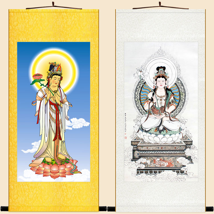 大势菩萨画像绢布材质卷轴挂画佛堂客厅装饰画国画