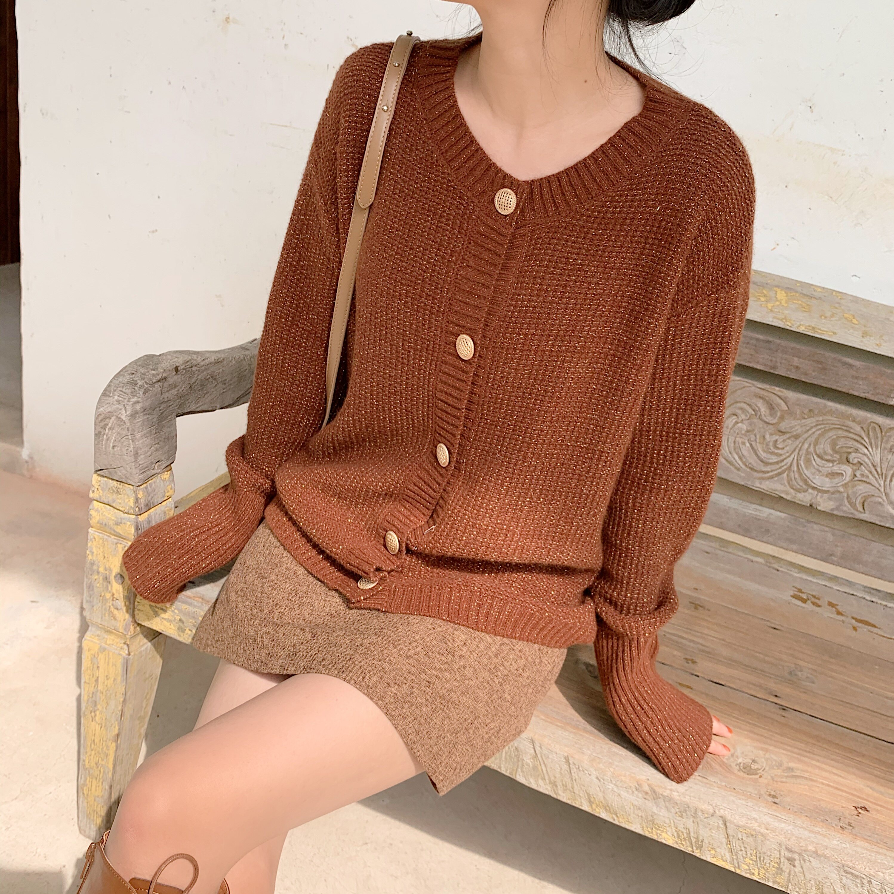 kcb浣熊绒金丝线软糯针织毛衣外套女开秋冬毛针织衫