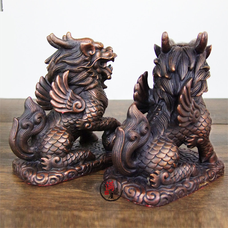 麒麟摆件祥狮纯铜一对招财镇宅纳工艺品家居客厅摆件
