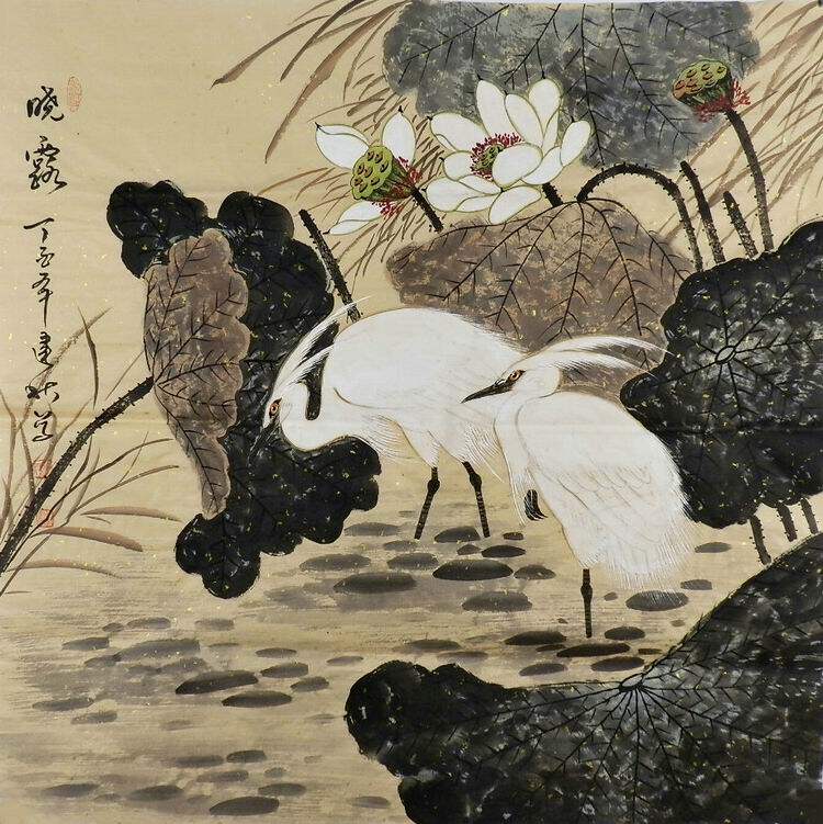 荷塘紫藤花鸟画国画斗方四尺gg手绘建秋王建秋国画