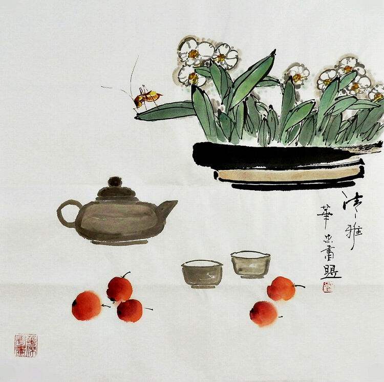 100手绘字画茶楼餐厅装饰画华杰三尺斗方国画茶壶蔬菜水果蟋蟀gg