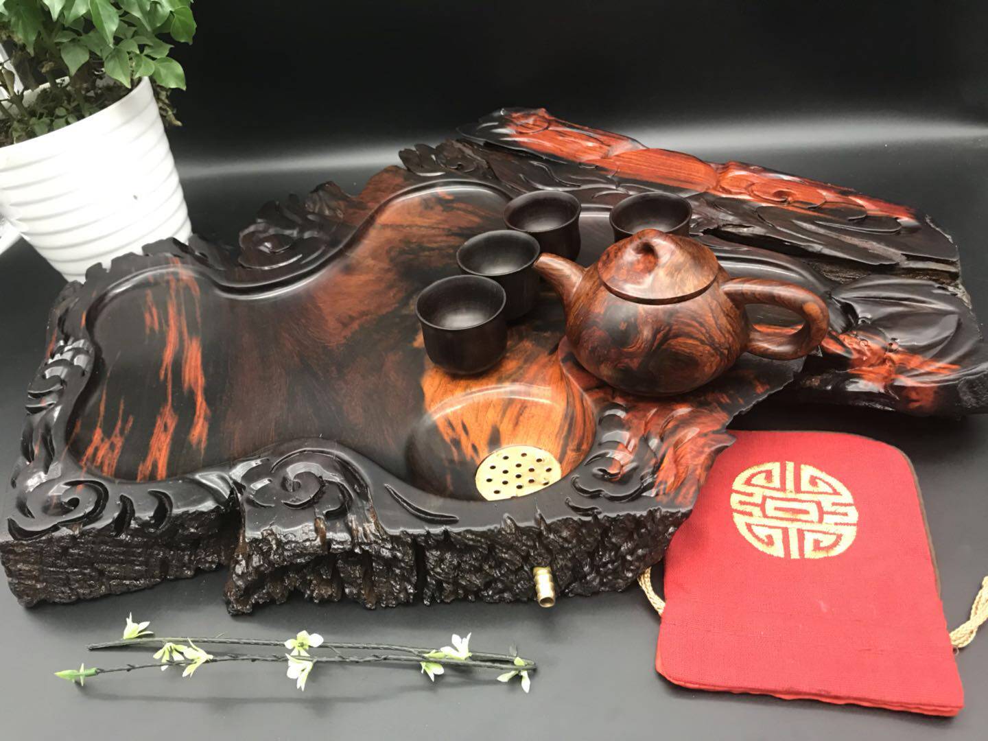 老挝原生态结缘茶海茶盘红木风化大红老红黄檀木雕