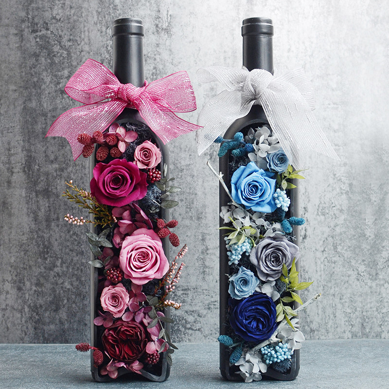 所思永生花粉色康乃馨玫瑰酒瓶礼盒生日毕业礼物永生花