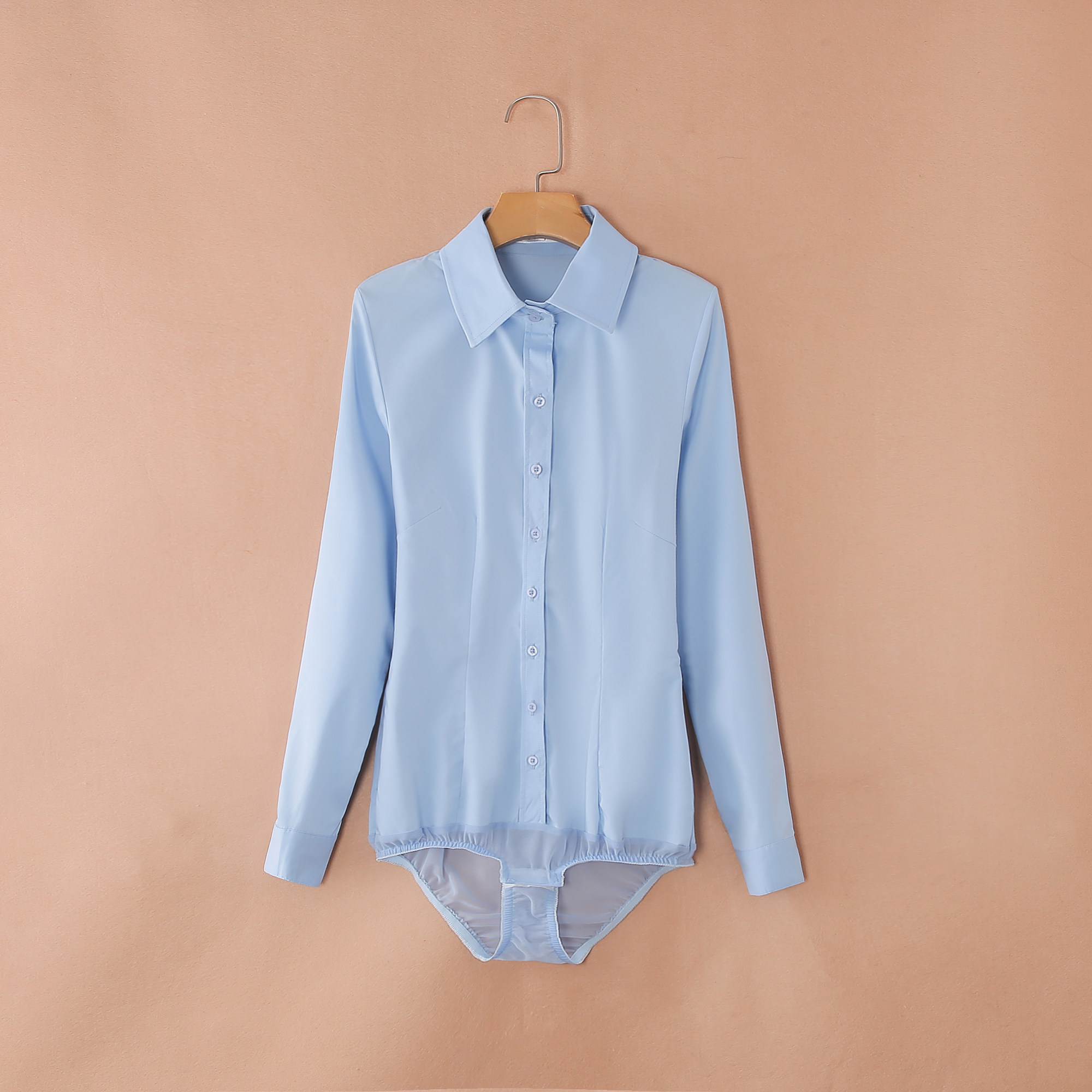 长袖高端面料连体衬衫职业大码弹力连裤衬衣衬衫