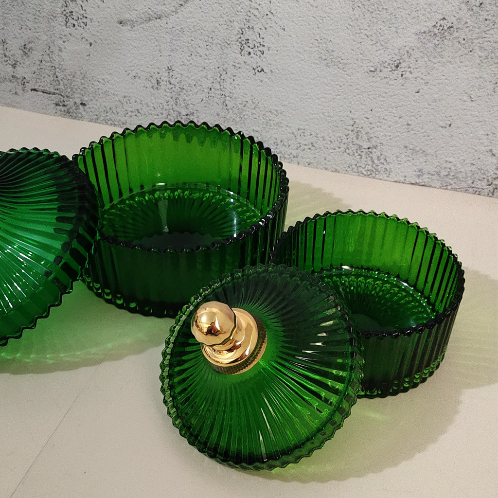 升级版 上镜美 出口复古vintage墨绿色玻璃金色首饰收纳盒玻璃罐