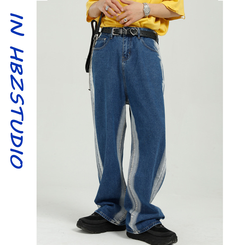 原创拼接设计感拼接撞色港风宽松直筒显瘦百搭牛仔长裤男女同款潮