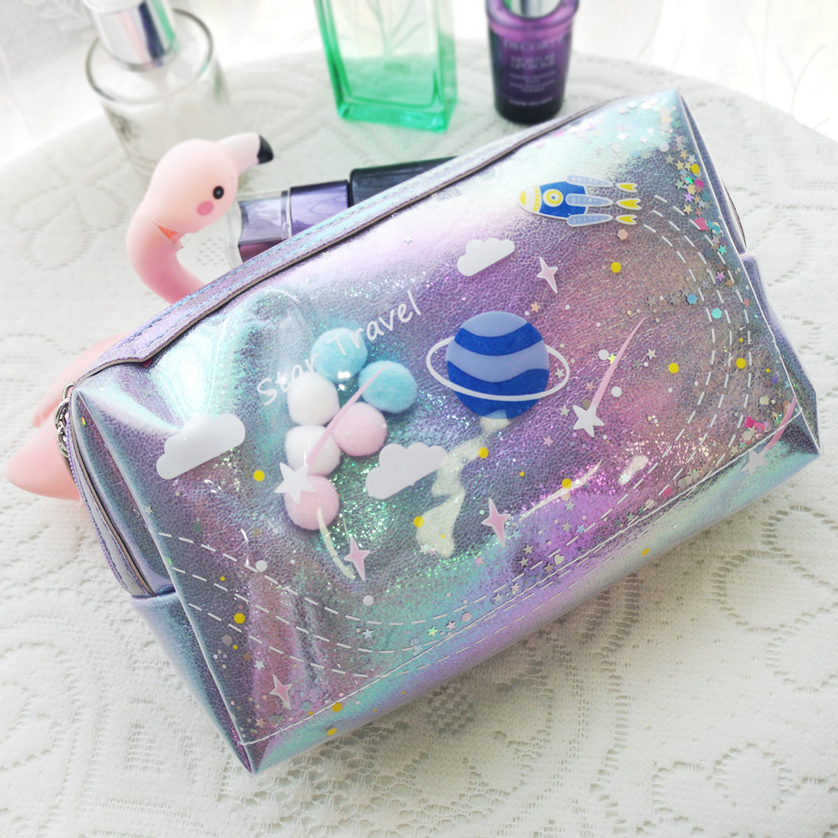 ins星球镭射流沙化妆包少女心彩彩球大容量笔袋笔袋