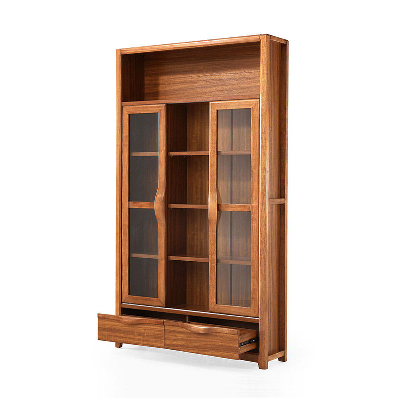 林氏木业实木书柜玻璃门落地自由储物柜现代中式书橱单个书柜