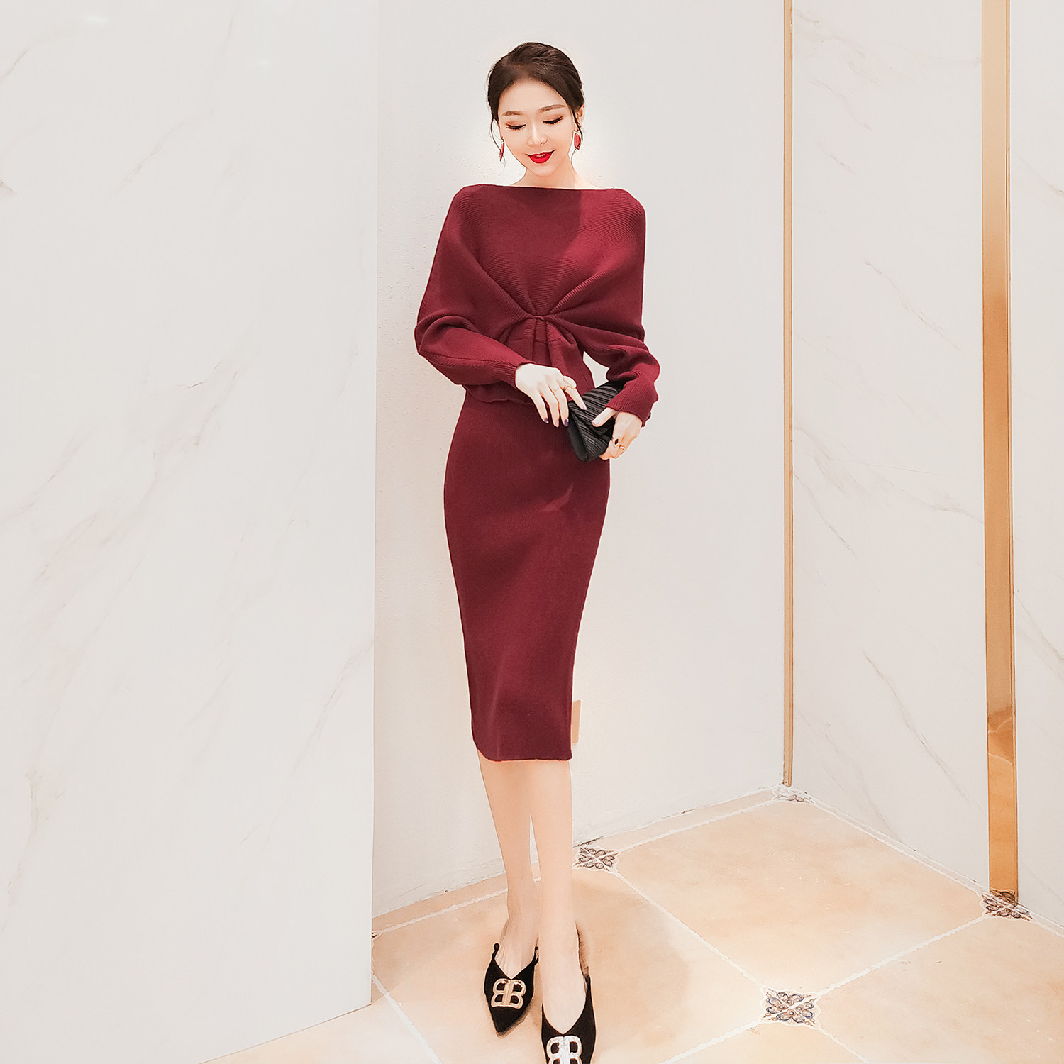 韩衣套头半身中长上衣收腰女王件套两件针织时尚套装