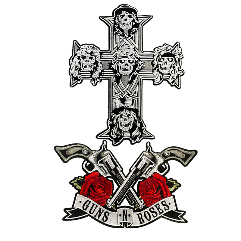 大号朋克双枪玫瑰枪花乐队刺绣布贴补丁机车骑士布贴