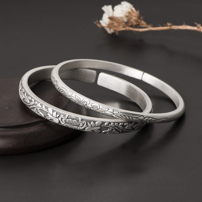 古法银手镯女999纯银云南雪花银手工足银实心开口复古风纯银手镯