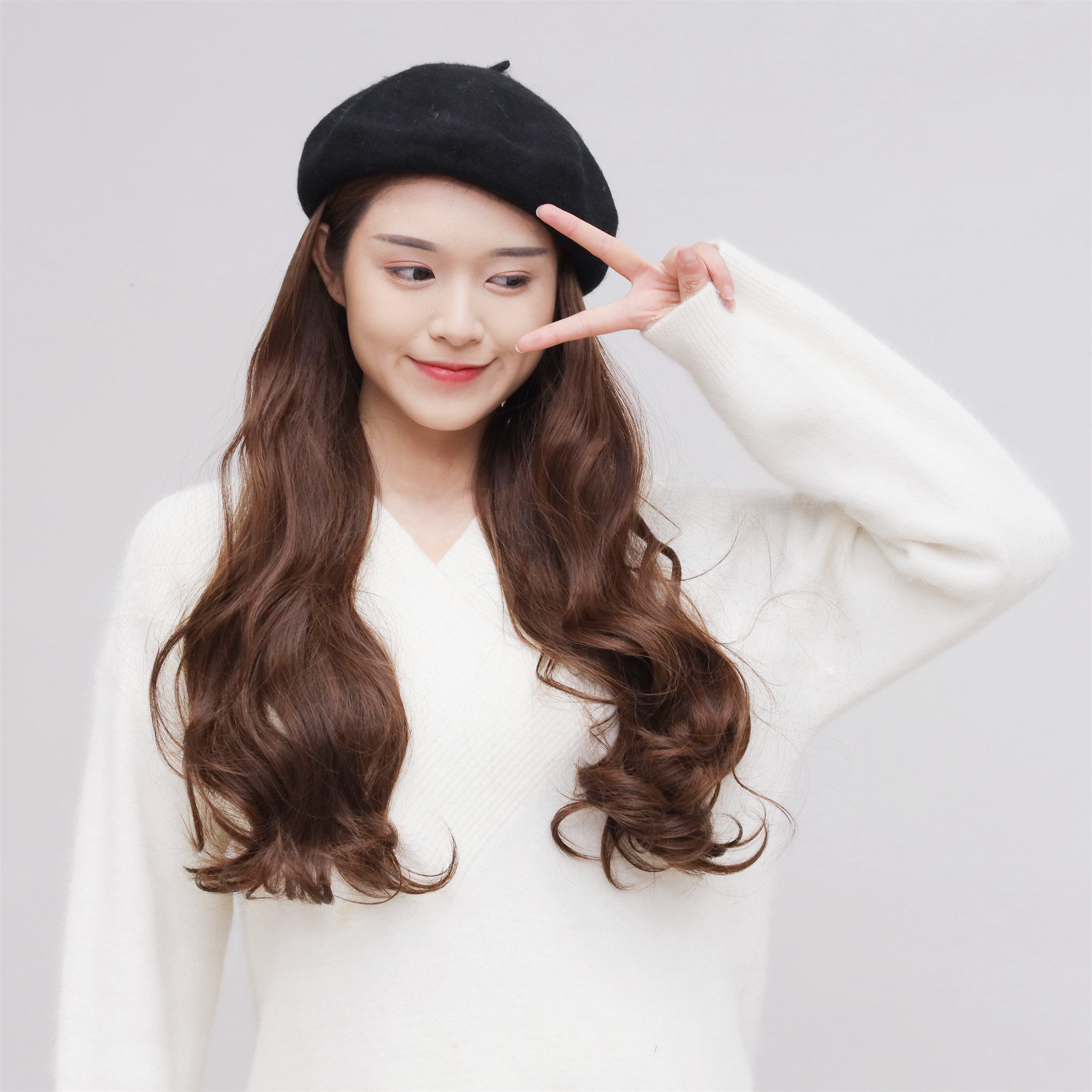 假发女长发网红冬天贝雷帽子假发一体女时尚长卷发大波浪全头套式