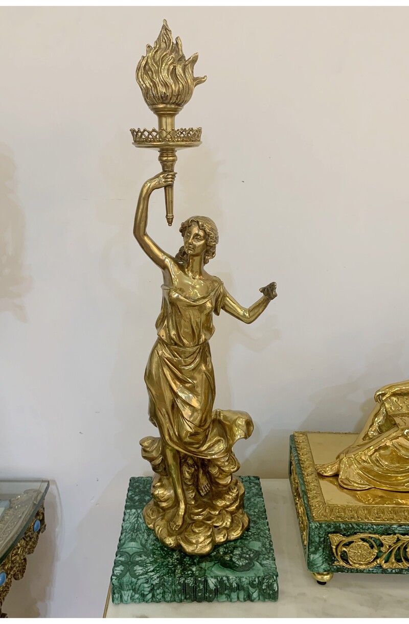 全铜火炬女神摆件工艺品孔雀绿色陶瓷大理石复古摆件