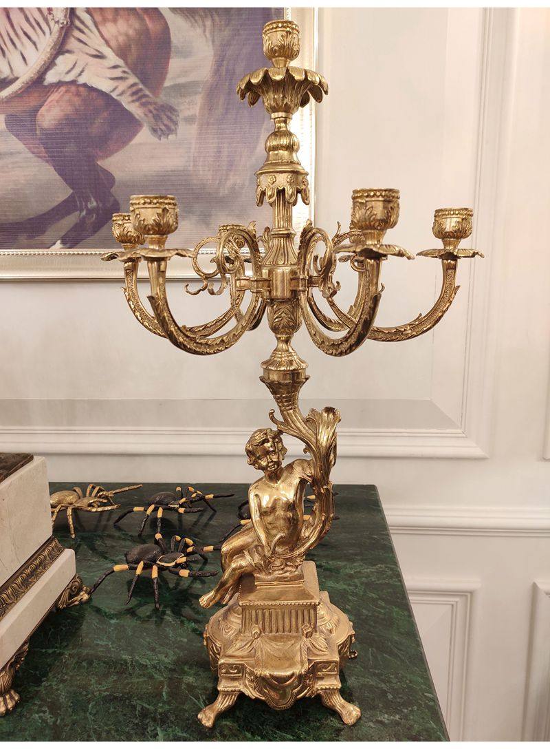 黄铜六头金色重工瑞特底座小天使全铜法式古堡烛台