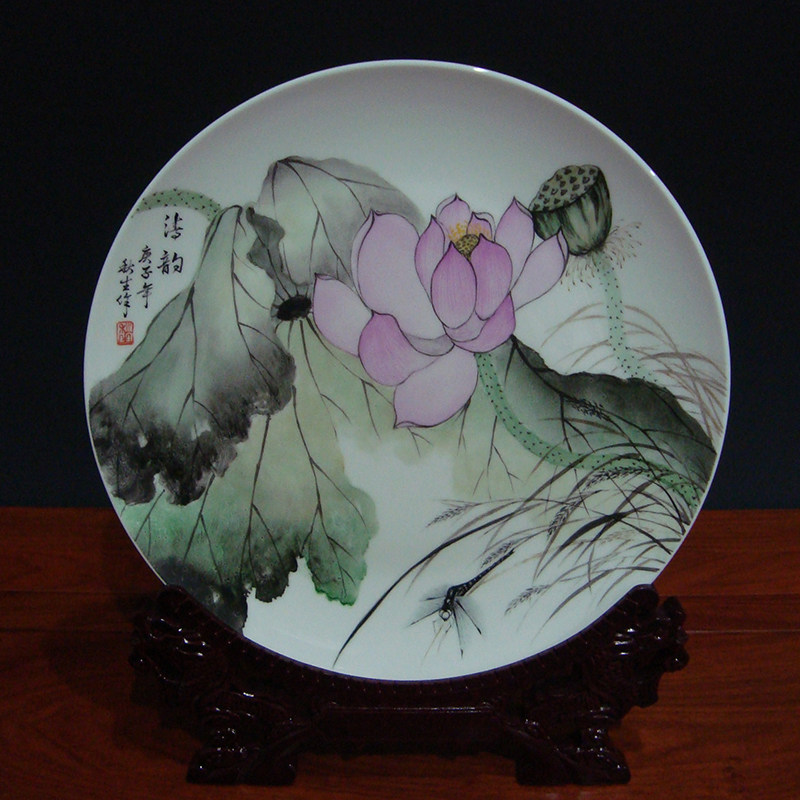 景德镇陶瓷器名家秋生手绘荷花盘坐盘中中式装饰画装饰坐盘