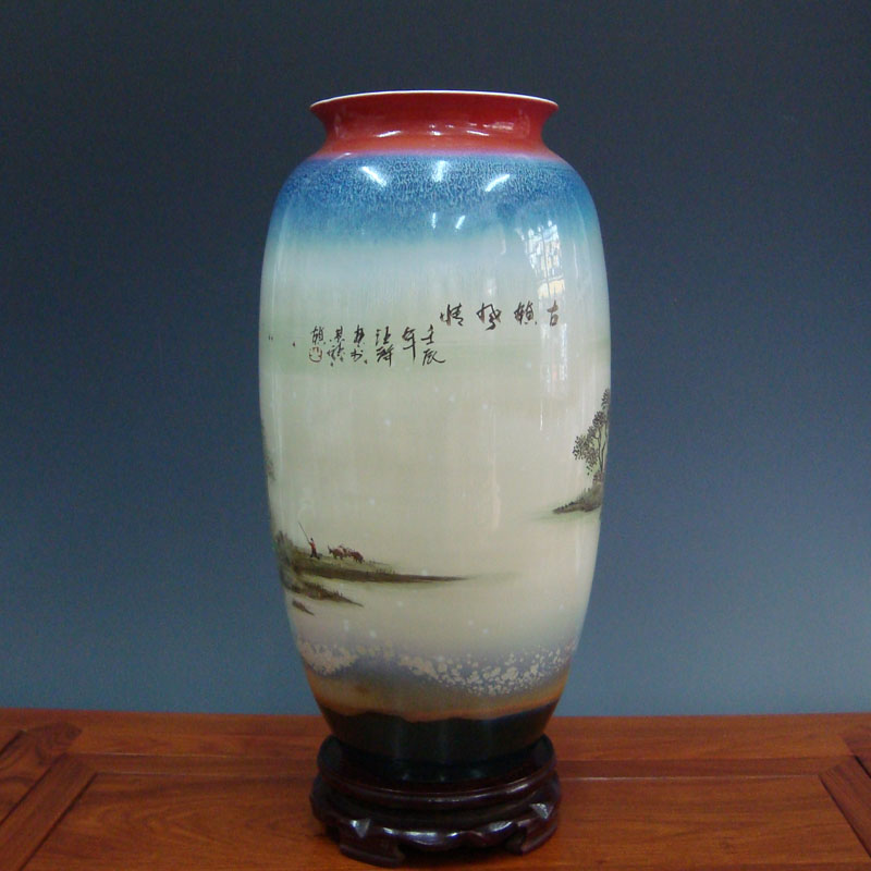 景德镇陶瓷名人名家汪洋作品古镇风情手绘颜色花瓶客厅花瓶