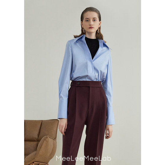 Meeleemeelab Original Vintage Long Sleeve Top With Pointed Neck, Wide Placket And High Count Cotton Basic Blue Shirt For Women Meeleemeelab Original Vintage Long Sleeve Top With Pointed Neck, Wide Placket And High Count Cotton Basic Blue Shirt For Women