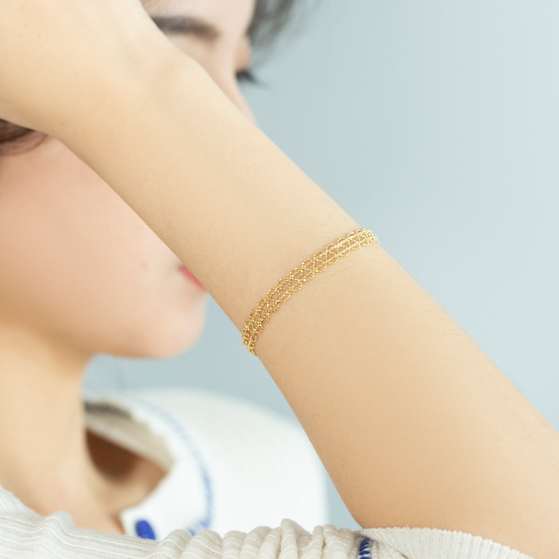 恒蕴叶子18k黄金仙女蕾丝编织米珠金球手链手饰