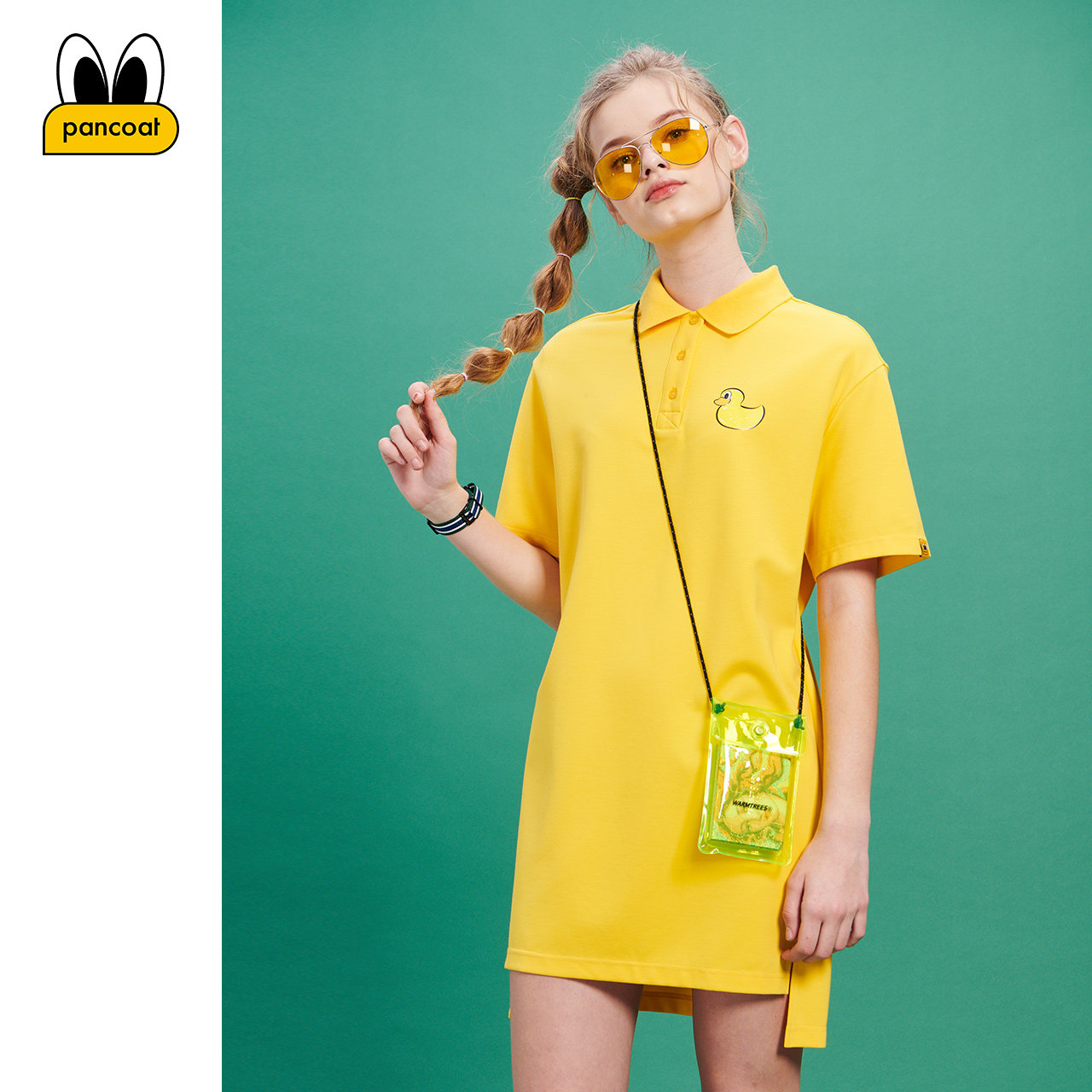 pancoat官方女士连衣裙可爱小黄鸭印花翻领短袖时尚休闲连衣裙
