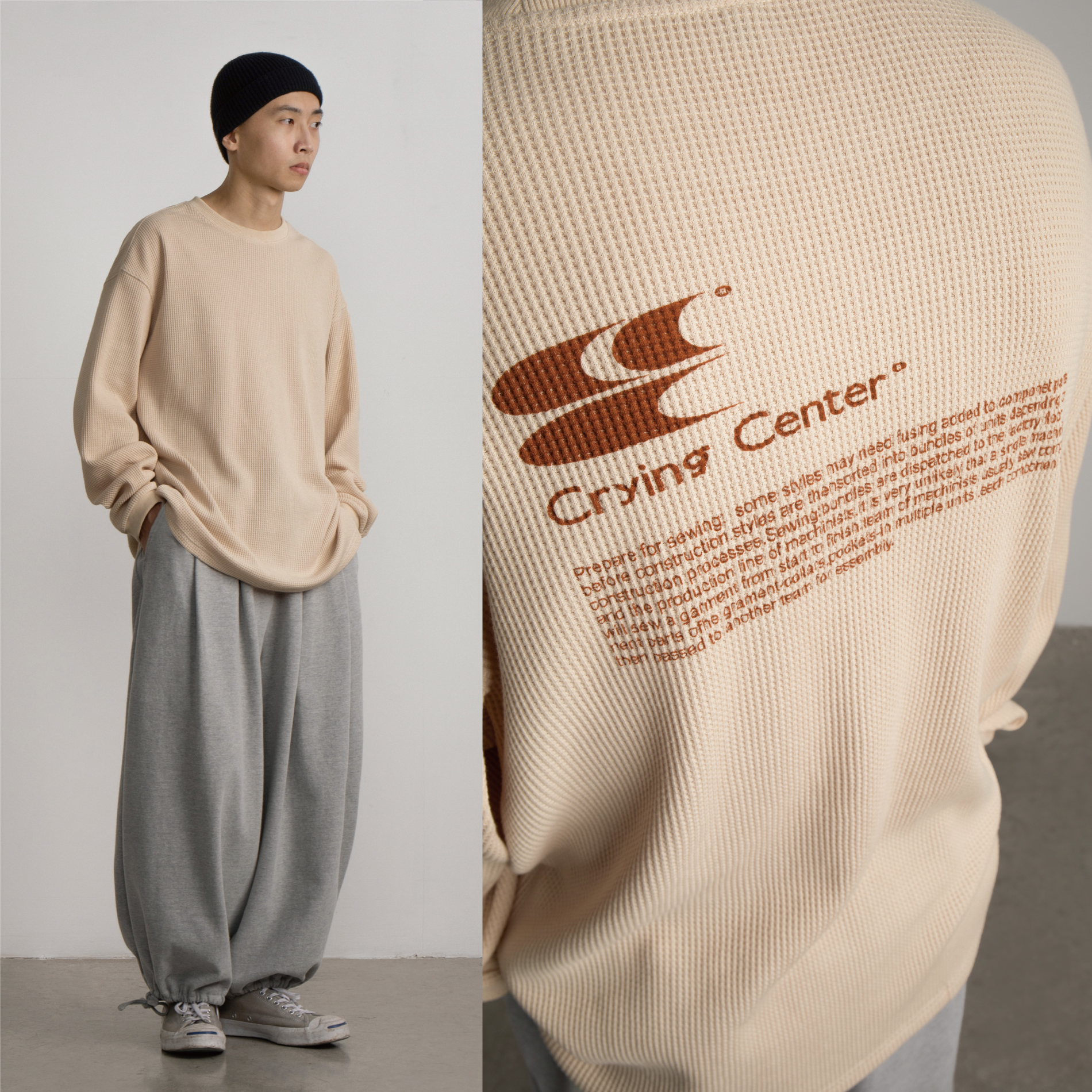 【潮WOO专属】CryingCenter 华夫格印花长袖宽松休闲T恤 哭喊中心