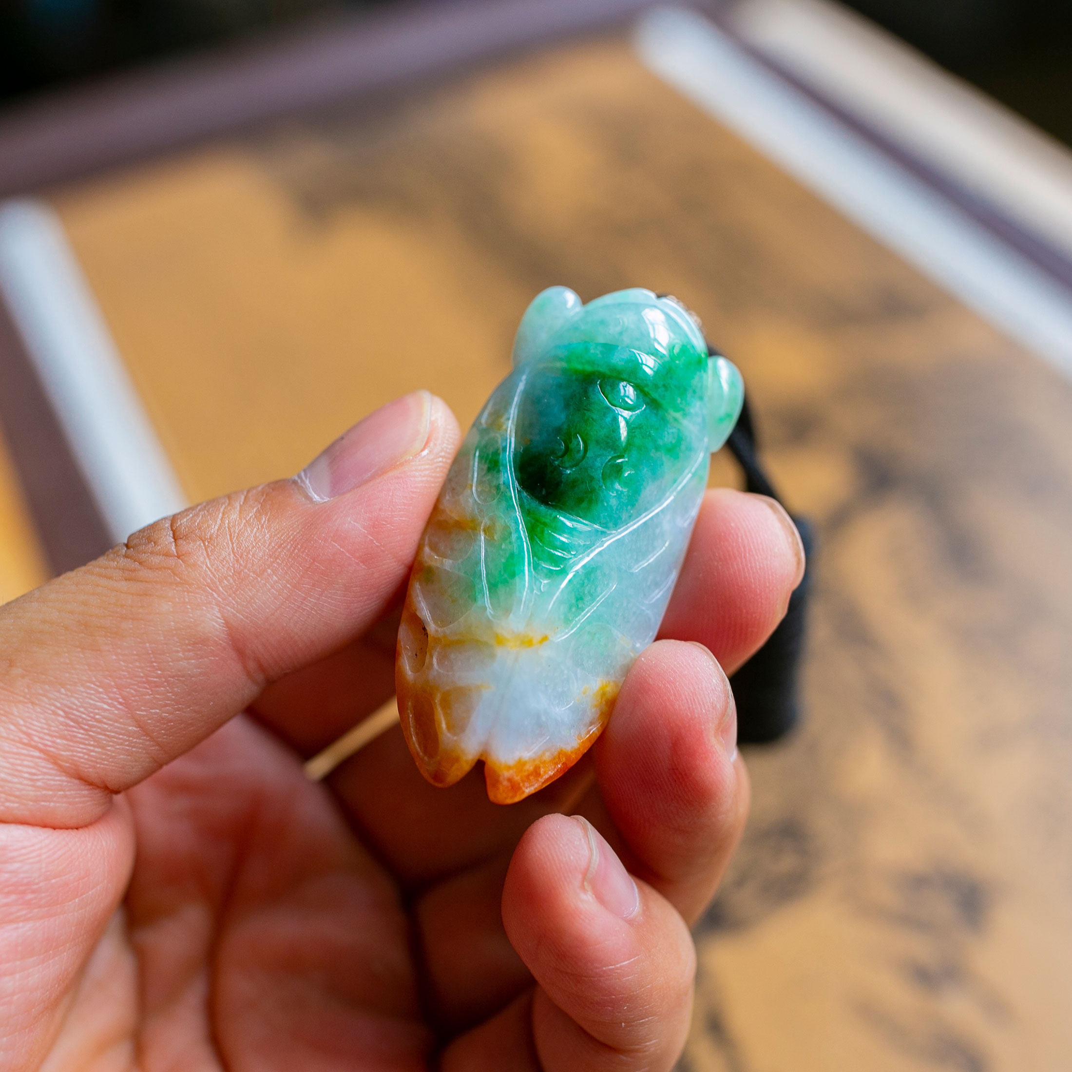 锦玉天然翡翠挂件知了三彩彩冰xxt2226颈饰