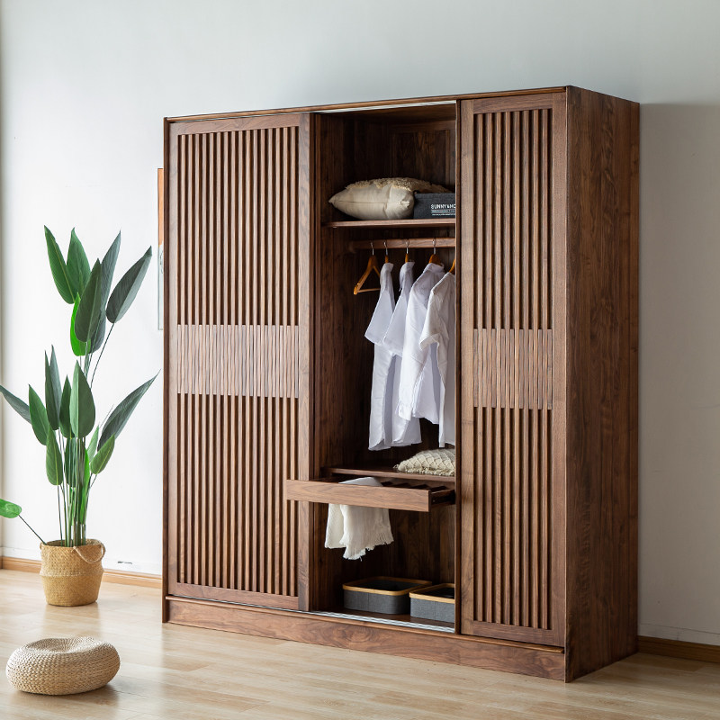 北欧实木移门衣柜北美胡桃木推拉开门大衣衣橱衣柜