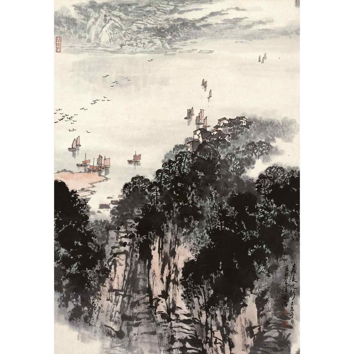 高仿清微高清微帆影嘉陵文治名家宋文治竖副山水图案印制类