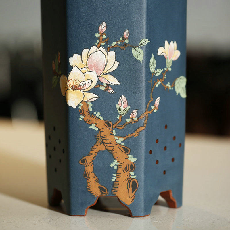 花盆清香阁紫砂蓝色工笔彩绘六方室内春兰桌面花盆