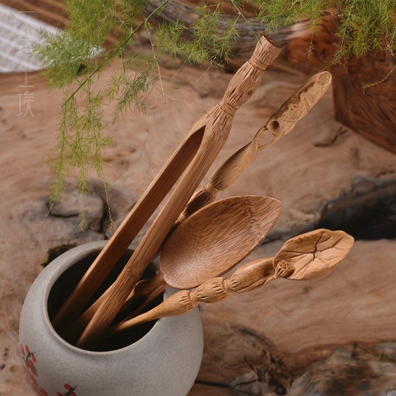 竹雕高档雕刻荷叶莲藕茶勺茶夹茶针茶匙赏玩茶道