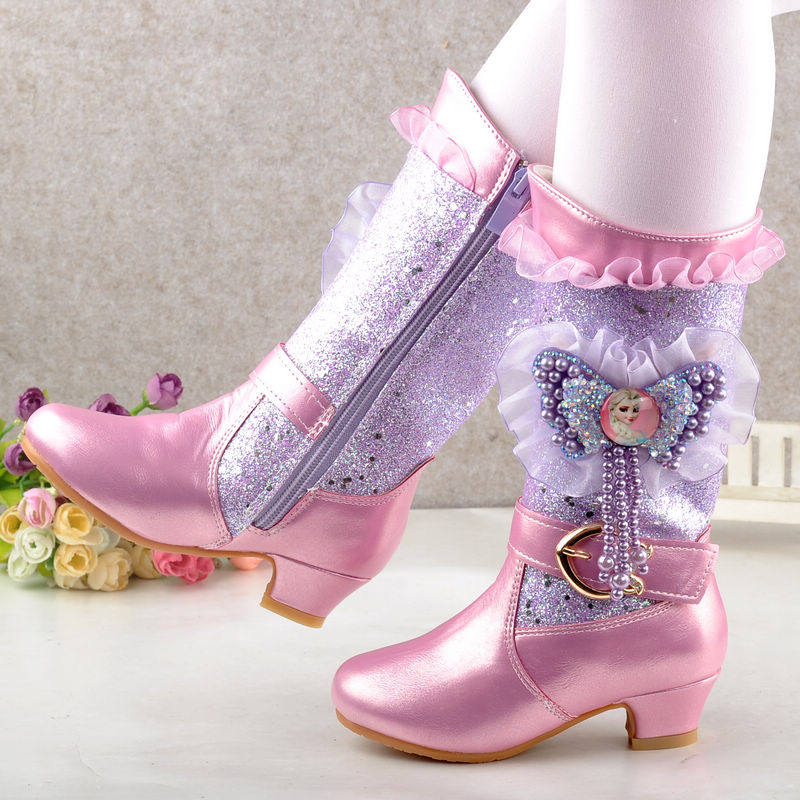 女童高跟靴子秋冬季小女孩高筒长靴爱莎公主加绒皮靴