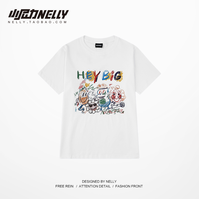 白色t恤嘻哈复古日系男女个性卡通印花圆领中长款短袖宽松短袖t恤