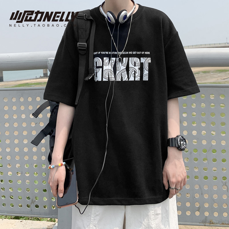 ins国潮原创腰果花印花短袖T恤潮牌美式小领口宽松打底上衣男女bf