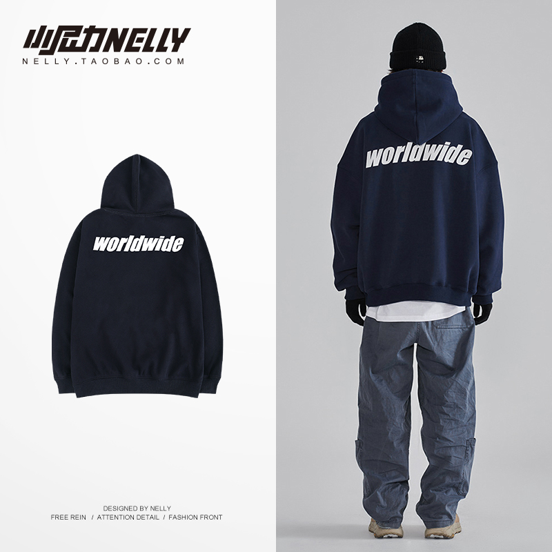 港风ins男士加绒嘻哈bf卫衣连帽潮嘻哈秋冬款上衣宽松les帅t外套