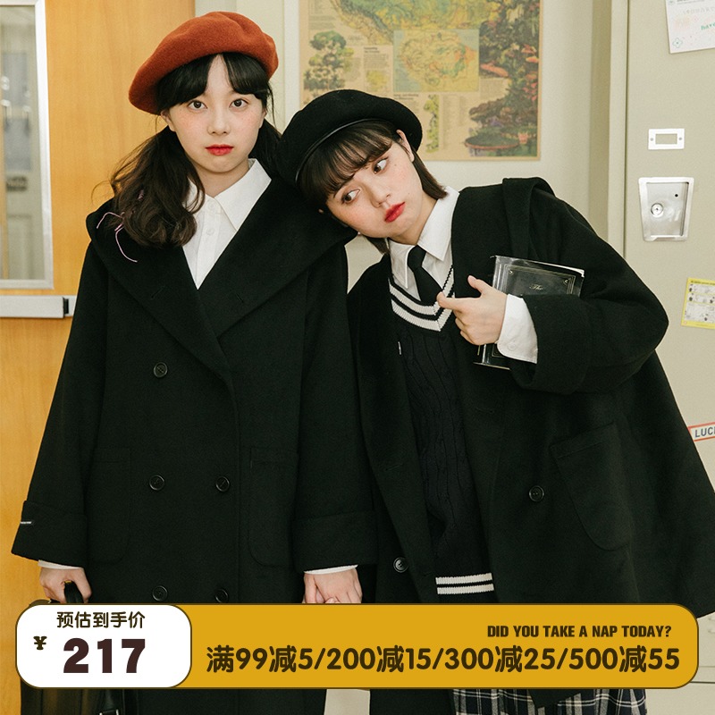 午睡自制日系学院风毛呢子连帽大衣女海军领黑色中长款外套秋冬季