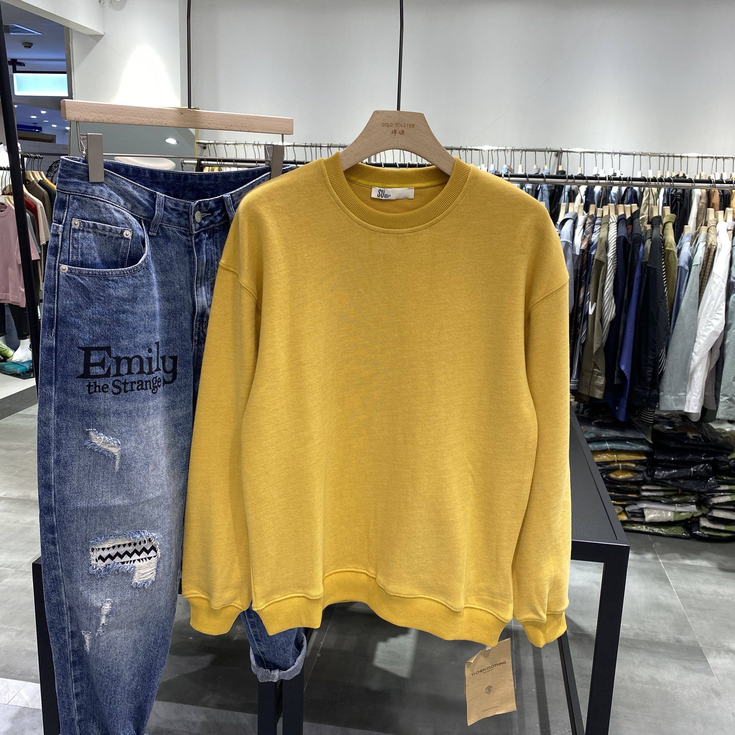 su春秋新款男士美式宽松套头亮色纯色休闲卫衣