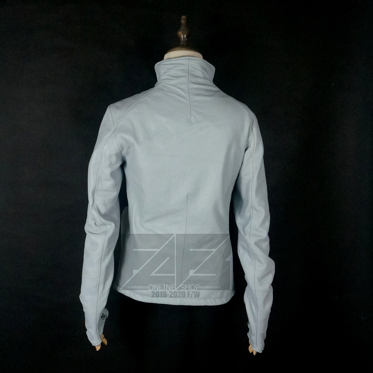 皮衣霹雳霹雳手手套连体牛皮青白白色淡蓝灰色皮衣